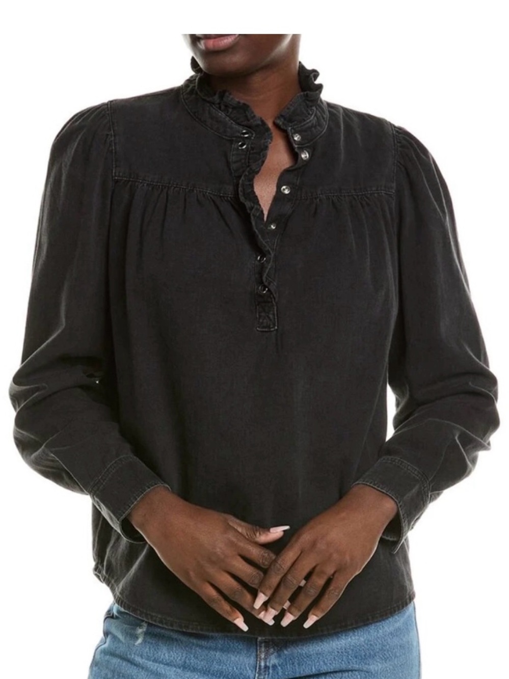 ba&sh Black Milac Ruffle-Trim Long Sleeve Henley Blouse